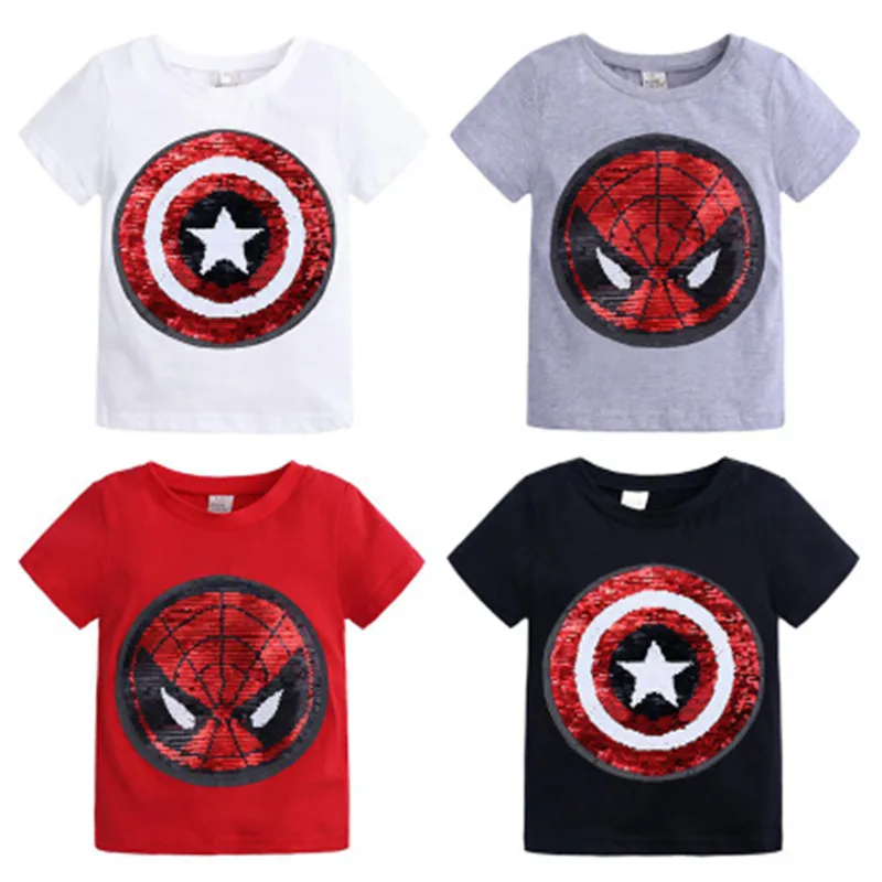 T-Shirt estiva ragazzi Superhero paillettes top reversibili Tees Kids Spiderman Face-change Captain America T Shirt abbigliamento per bambini