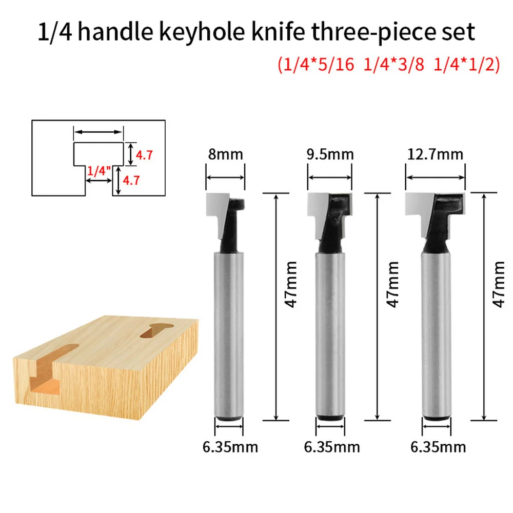 

1/3pcs Woodworking Cutter Cemented Carbide Round Handle T-shaped Keyhole Knife 1/4 Handle Shank Keyhole Router Bits 5/16 3/8 1/2