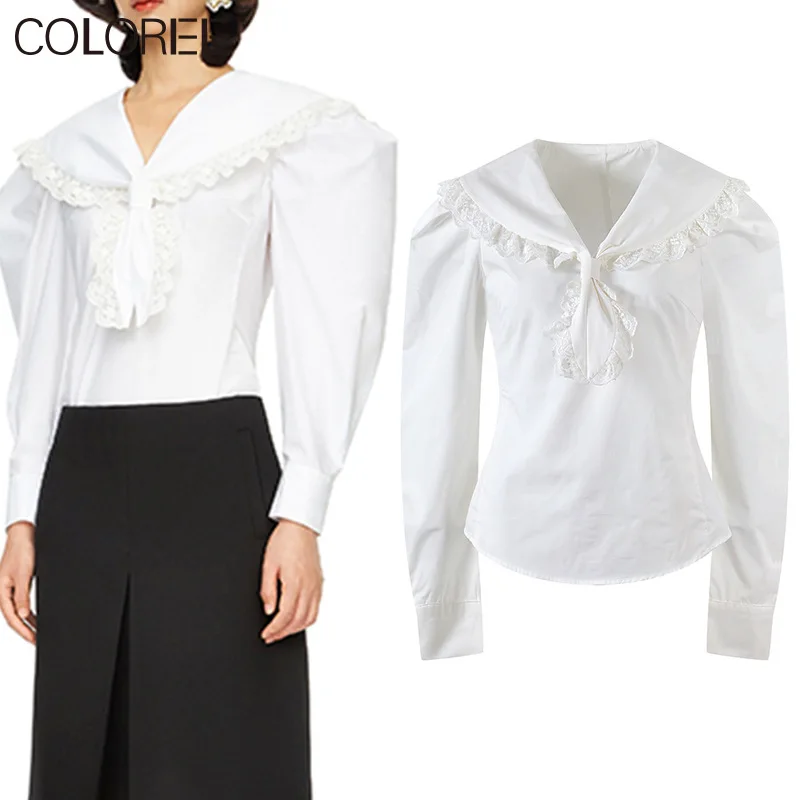 Korean Fashion Fall Outfits Women 2022 Vintage Lace Embroidery Collar Long Sleeve Top Mujer White Cotton Blusa Feminina