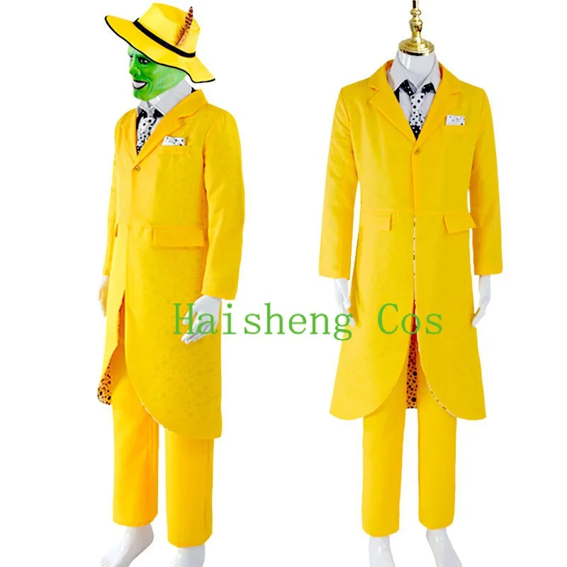 The Mask Jim Carrey Cosplay Costume Adult Men Yellow Suit Uniform Outfits Halloween Carnival Costumes Green Funny Mask