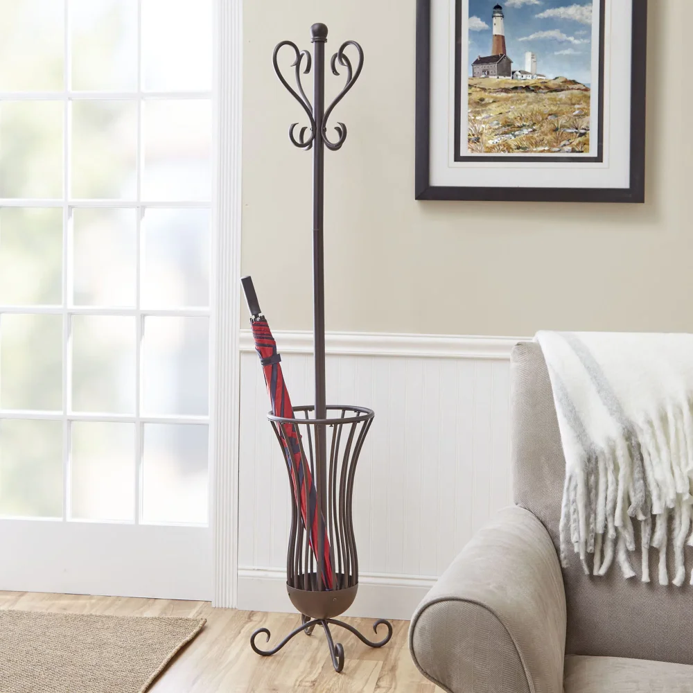 

Traditional Metal Coat Rack With Umbrella Stand, Bronze Finish
