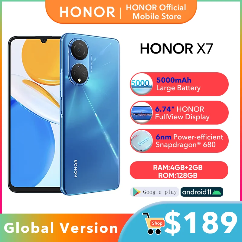 In Stock Honor X7 Smartphone Android 11 90Hz 6.74 FullView Display 48MP Quad Rear Camera 22.5W HONOR Supercharge cell phone