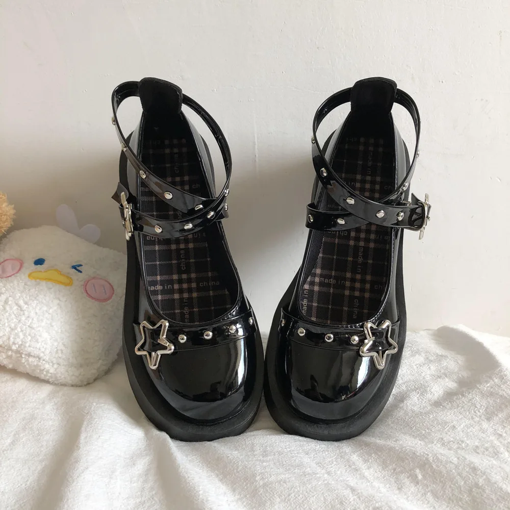 Women Pumps Round Toe Chunky Lolita Shoes Star Buckle Mary Jane Shoes Rivet Cross-tied Platform Leather Gothic Cosplay Shoes