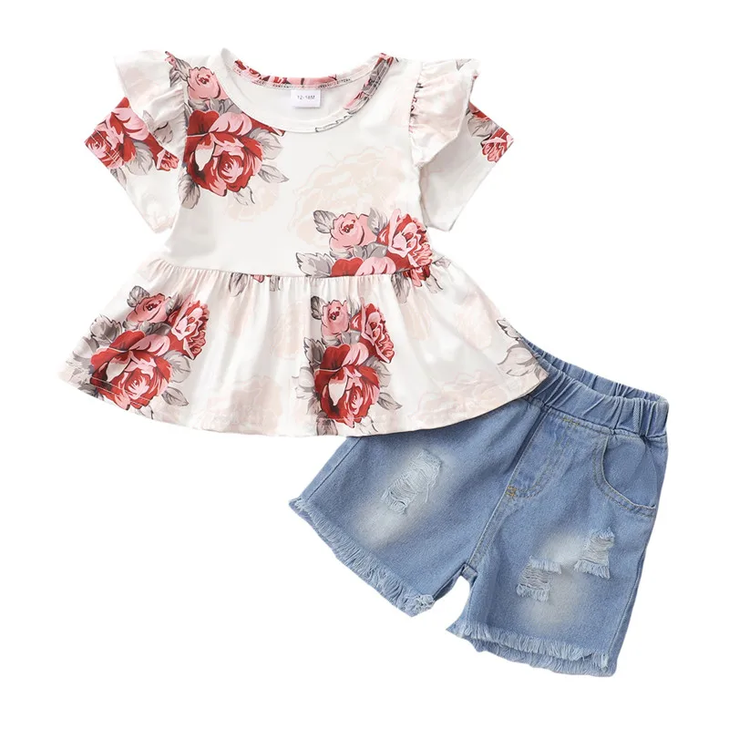 

Летняя одежда для маленьких девочек, комплект с цветочным принтом, футболка с коротким рукавом с оборками + Рваные джинсовые шорты, наряды д...