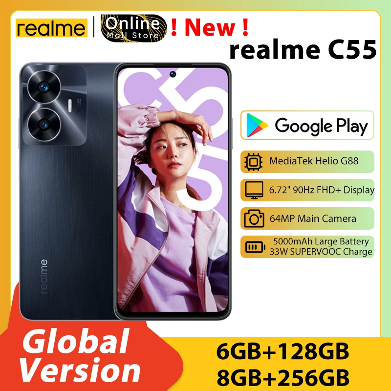 

New realme C55 Global Version Smartphone 6GB+128GB MediaTek Helio G88 5000mAh Battery 64MP AI Camera 6.72'' 90Hz FHD+ screen