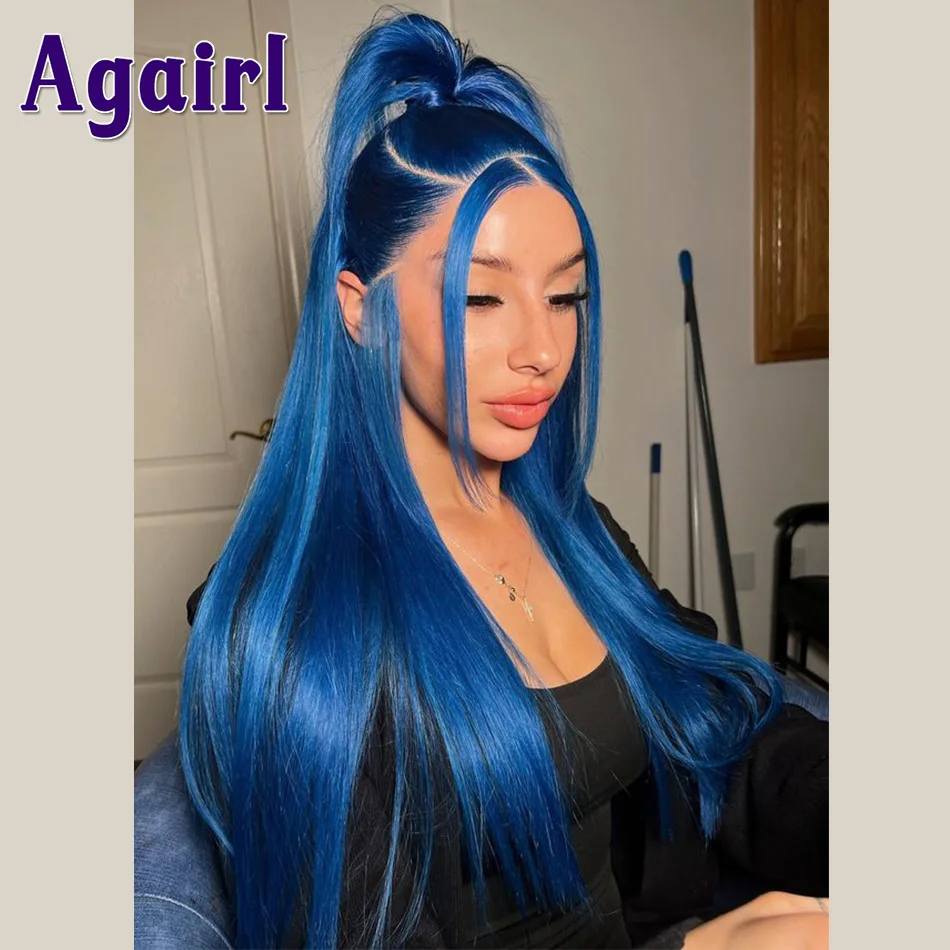 Ocean Blue 13x6/13x4 Lace Frontal Wig Navy Blue Straight Lace Front Human Hair Wigs 5x5 Lace Transparent Closure Wig for Women