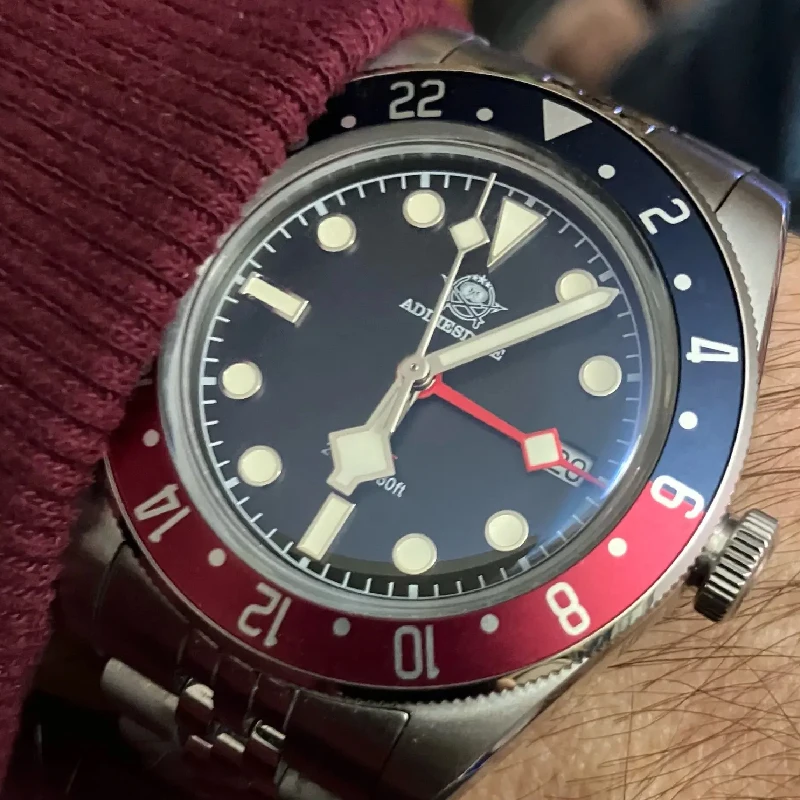 Фото Модные мужские часы ADDIESDIVE GMT с купольным стеклом, спортивные кварцевые наручные часы, водонепроницаемые до 20ATM, светящиеся часы для дайвинга №1