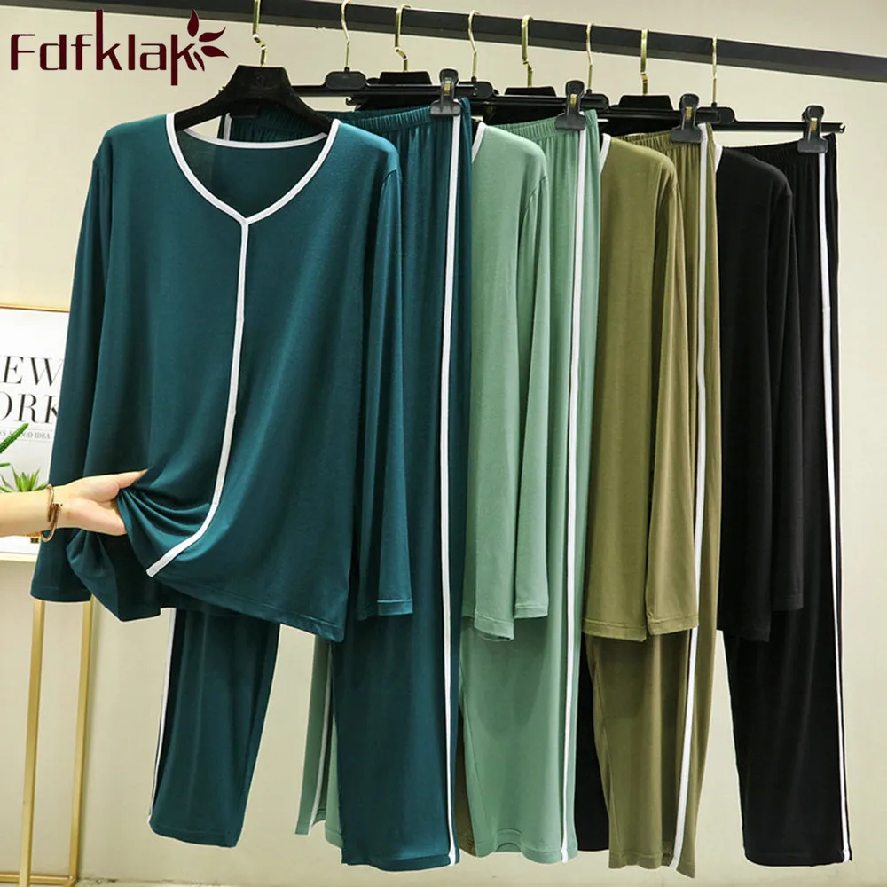 Fdfklak Modal Pajamas Women's Spring And Summer Long-Sleeved Trousers Suit Thin Leisure Sleepwear Loose Female Loungewear