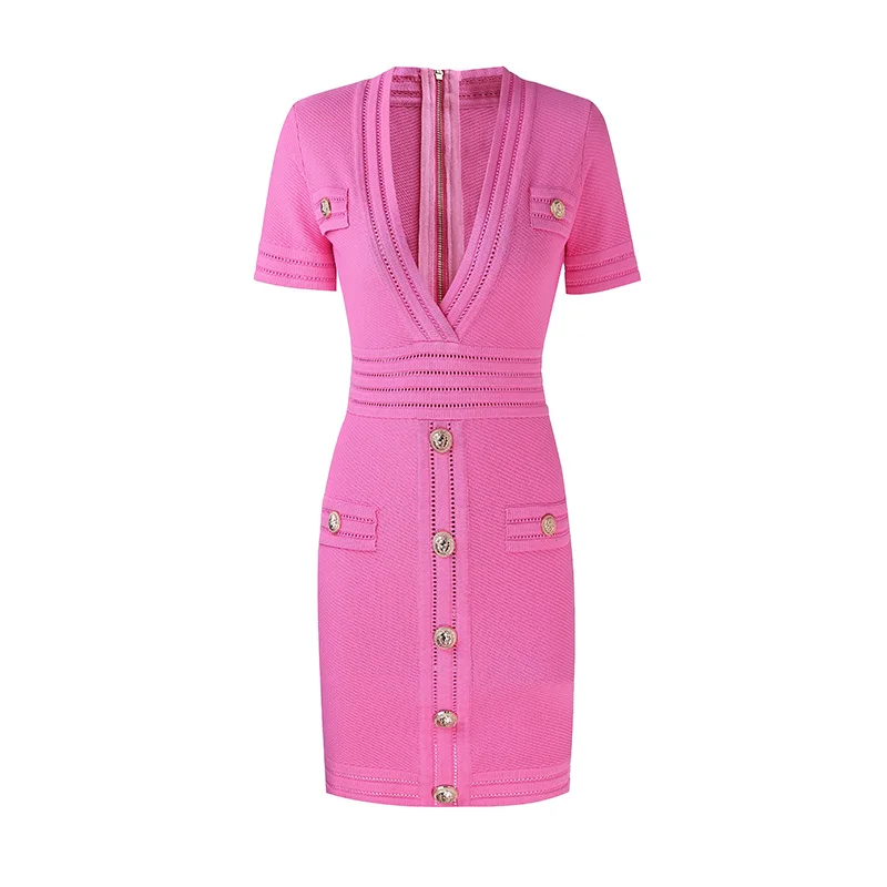 New Summer European Designer Sexy V-neck Short Sleeve Candy Color Pink Knitting Mini Sheath Sweet Dress