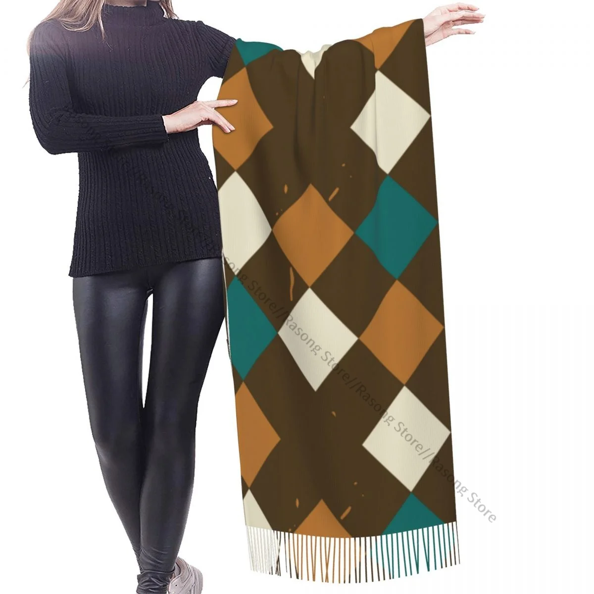 Шарф с кисточками большой размер 196*68 см зимняя теплая шаль из пашмины накидка