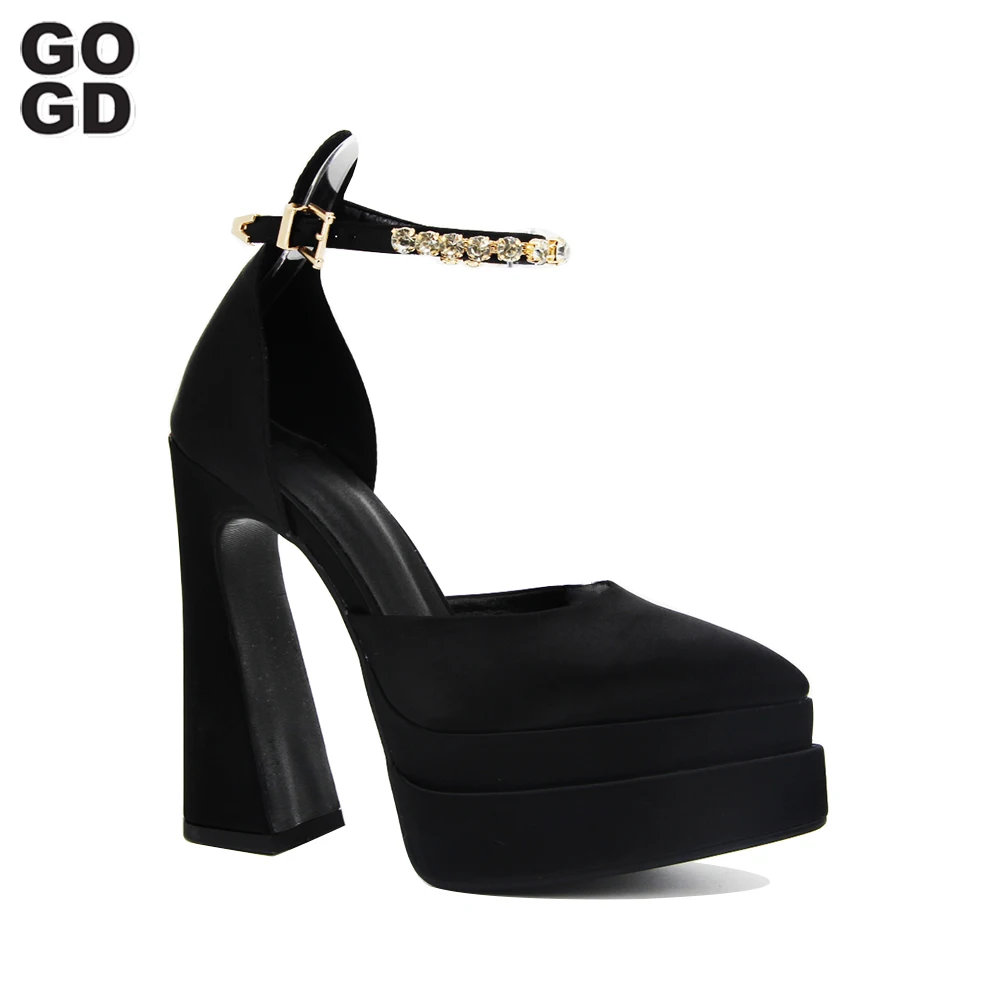 GOGD-Sandalias de tacón alto grueso para mujer, zapatos de tacón alto sexys grueso con plataforma, color negro, para fiesta y boda, 2022