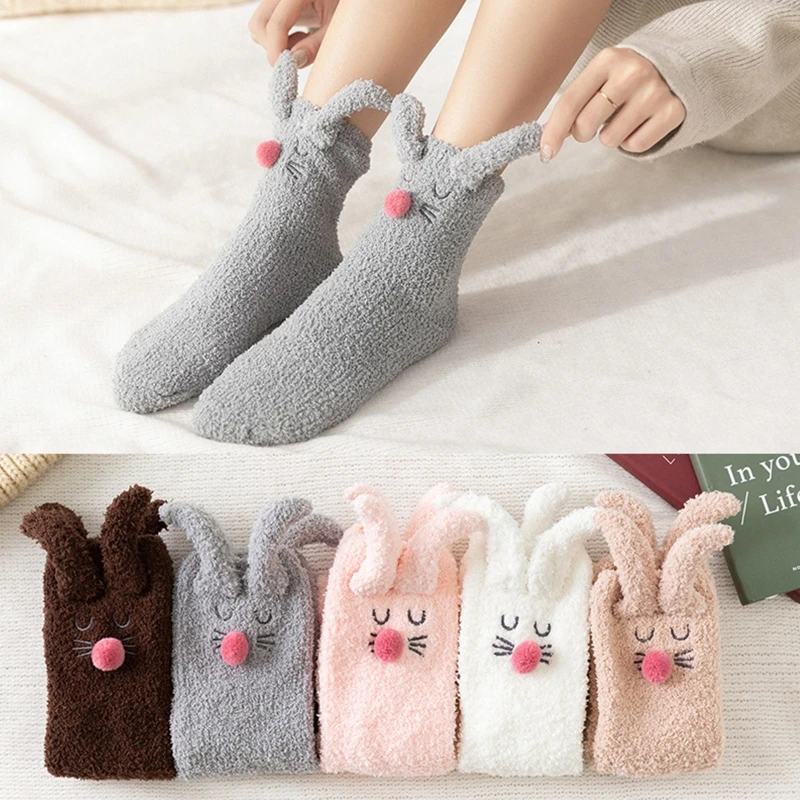 

Women Winter Microfiber Fuzzy Slipper Home Socks Cartoon Embroidery 3D Rabbit Ears Thick Cozy Warm Floor Sleeping