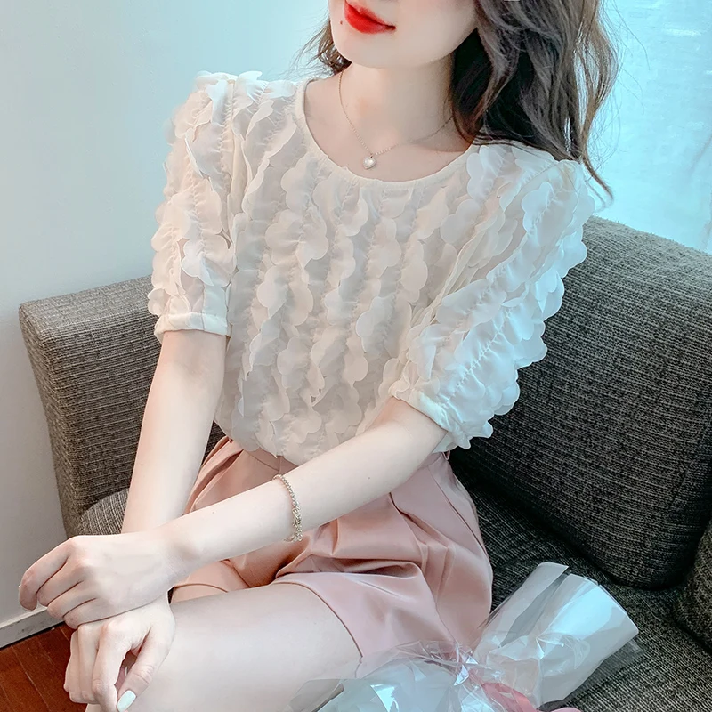 

New summer design sense three-dimensional flower short sleeve apricot sweet versatile slim chiffon shirt female 676i,419-3