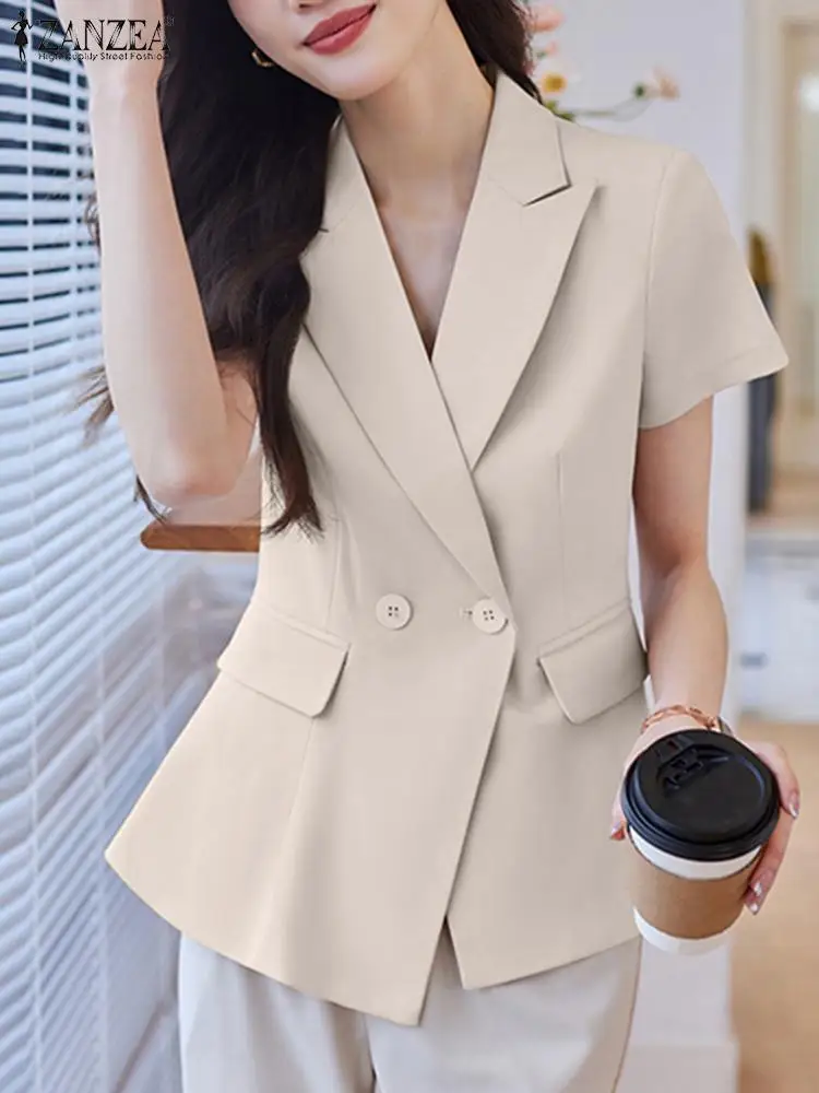 

Летние костюмы ZANZEA 2023, повседневные женские офисные официальные куртки с отложным воротником, элегантная однотонная верхняя одежда с поясом