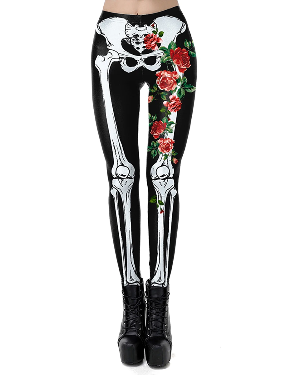 

Women\u2019s Casual Skinny Trousers Fashion Skeleton Rose Printed Elastic High Waist Long Pants