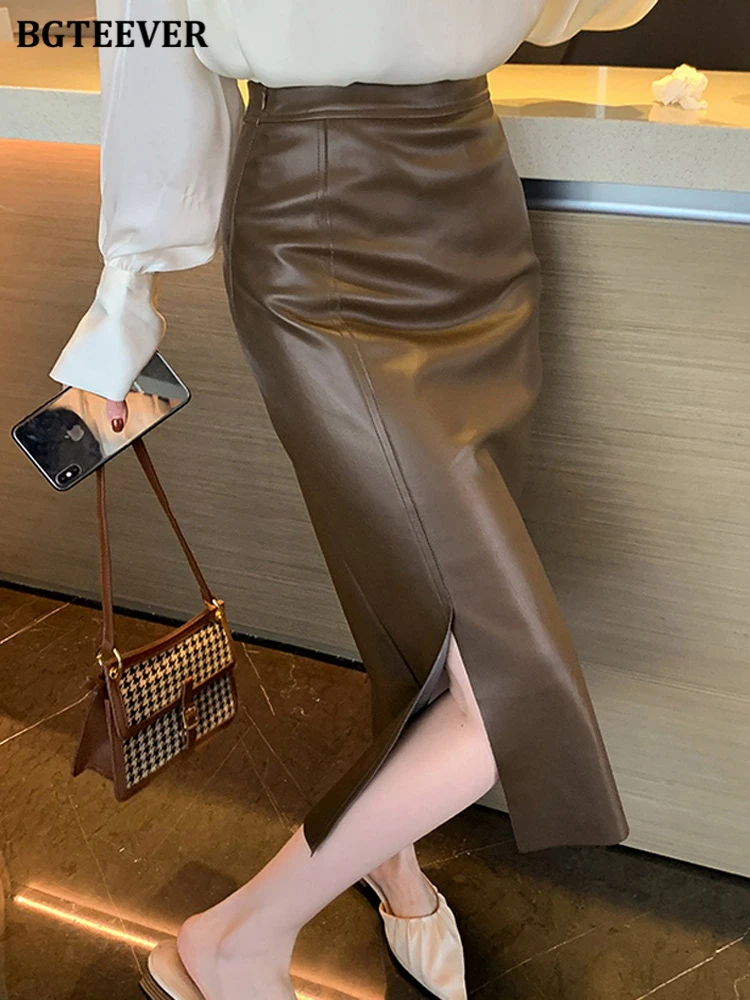 

BGTEEVER Elegant Package Hip Ladies PU Leather Skirts High Waist Split Women Pencil Skirts 2022 Spring Summer
