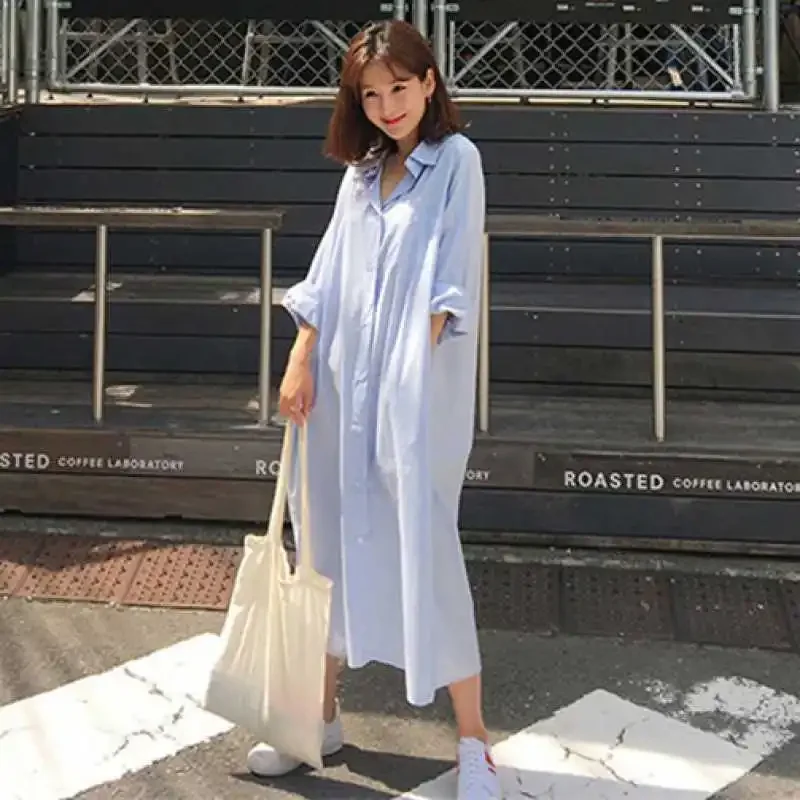 Летнее платье-рубашка свободного кроя с длинным рукавом повседневное удобное