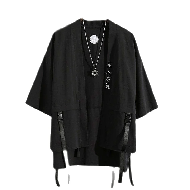 

Рубашка-кимоно мужская с вышивкой, свободная уличная одежда в японском стиле самурая, черный кардиган, топ, лето