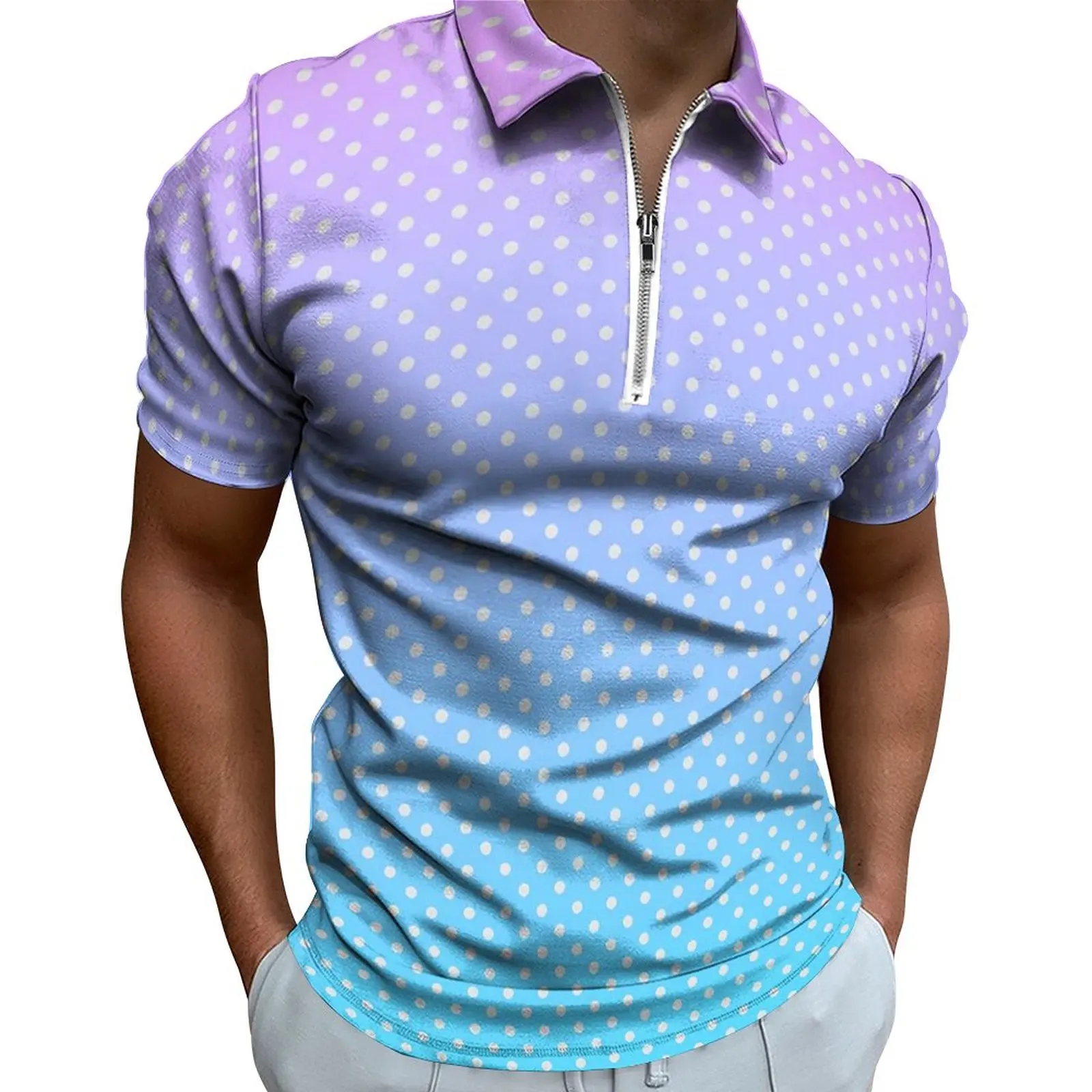 

Polka Dots Print Polo Shirts Men Pastel Gradient Casual Shirt Date Vintage Zipper T-Shirts Short Sleeves Custom Oversized Tops
