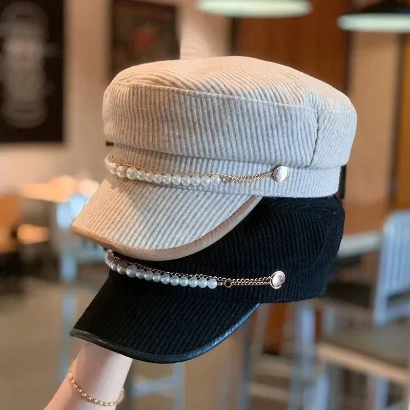 Кепка-берет Женская с жемчужной цепочкой Модный берет тёмно-синего цвета