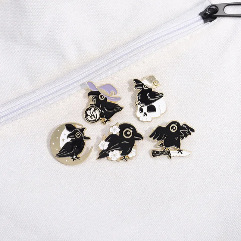 Мультяшные эмалевые булавки в виде черной вороны птицы черепа животные броши