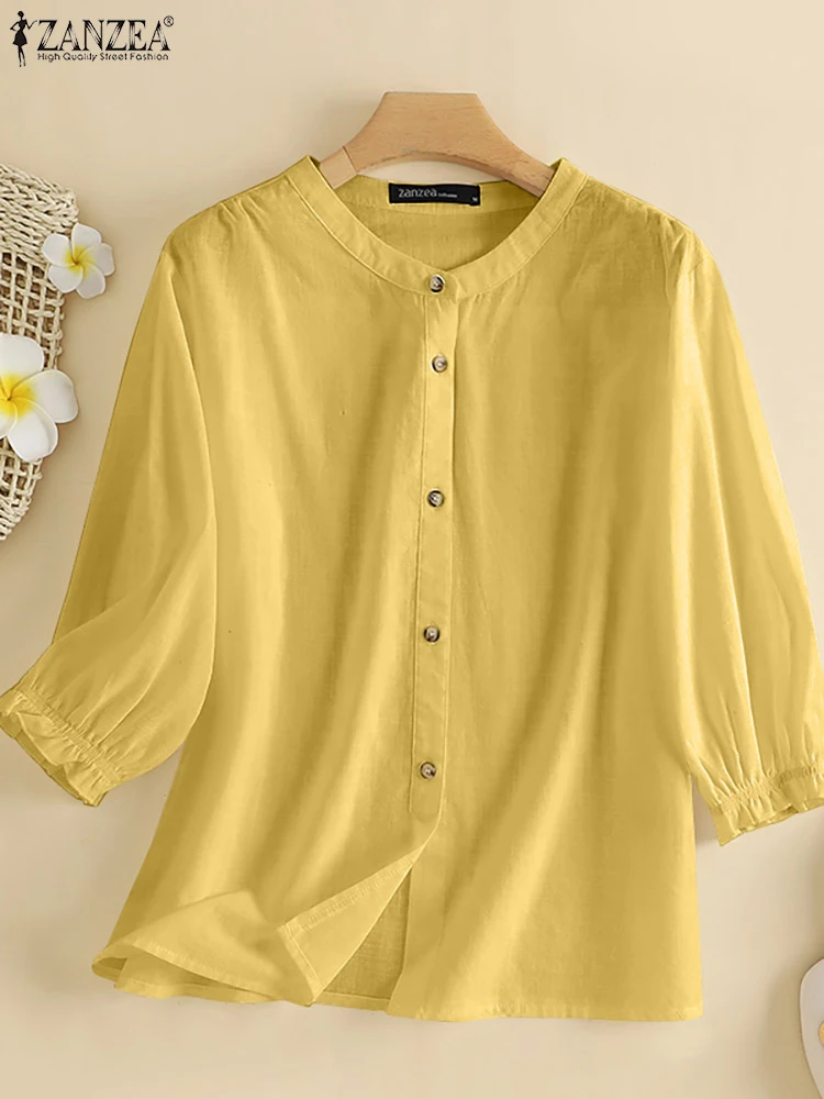 

2022 женские летние модные элегантные рубашки ZANZEA топы с рукавом 3/4 Повседневная однотонная блузка оверсайз блузки с круглым вырезом женские ...