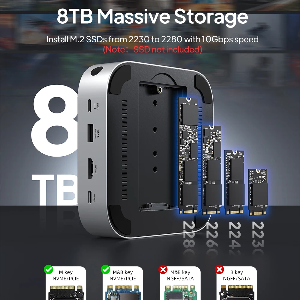 Фото Док-станция CABLETIME для Mac Mini M4, 4K@60Гц, быстрая передача данных 10 Гбит/с, M.2 SSD, SD/TF 4.0, док-станция для расширения хранилища до 8 ТБ №5