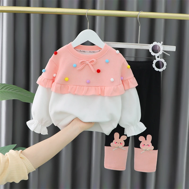 

Autumn Kids Clothing Sets For Baby Girls Lace T Shirt Pants Toddler Infant Clothes Outfits Cartoon Rabbit Children Sportswear