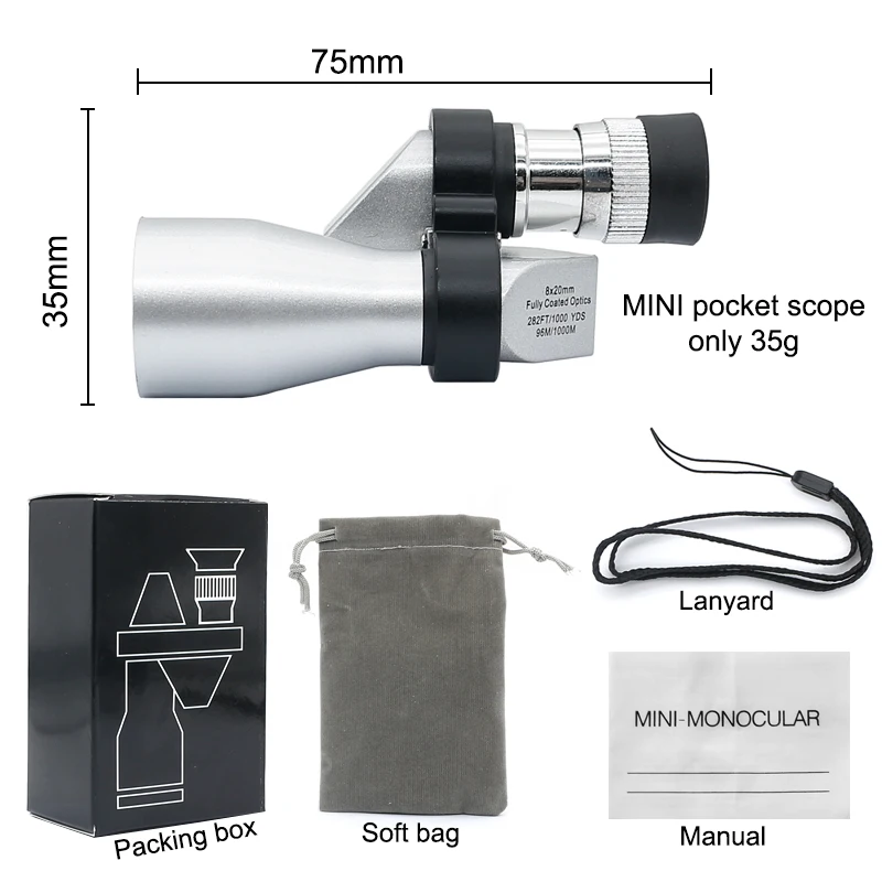 Mini 8X20mm Silver Monocular Scope for Camping Travelling Hiking Optical Monocular Telescope Green Coated Outdoor Monocular