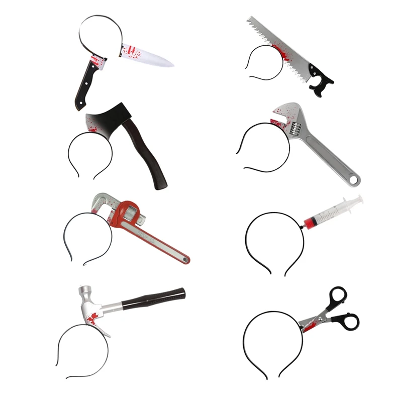 

8Pcs Halloween Horror Props Blood Ax Saws Knife Headband For Halloween Party Masquerade Props Head Hoop