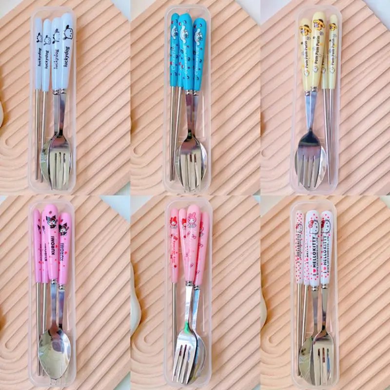 

New Kawaii Sanrios Hellokittys Kuromi Mymelody Cinnamoroll Tableware Chopsticks Spoons Forks Stainless Steel Gift Toys For Girls