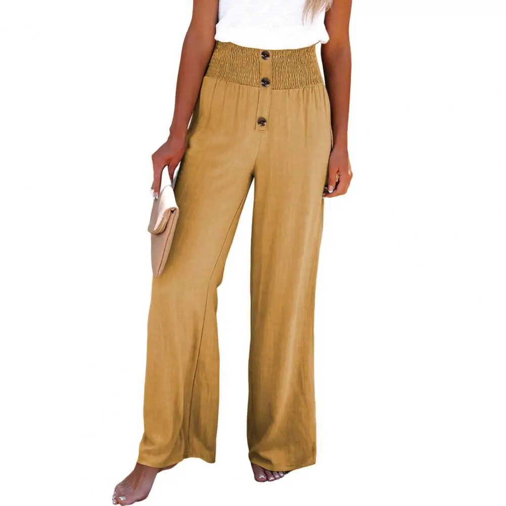 

Women Long Pants Comfy Button Closure Solid Color High Waist Wide Leg Women Trousers Streetwear High Waist Casual Long Pants