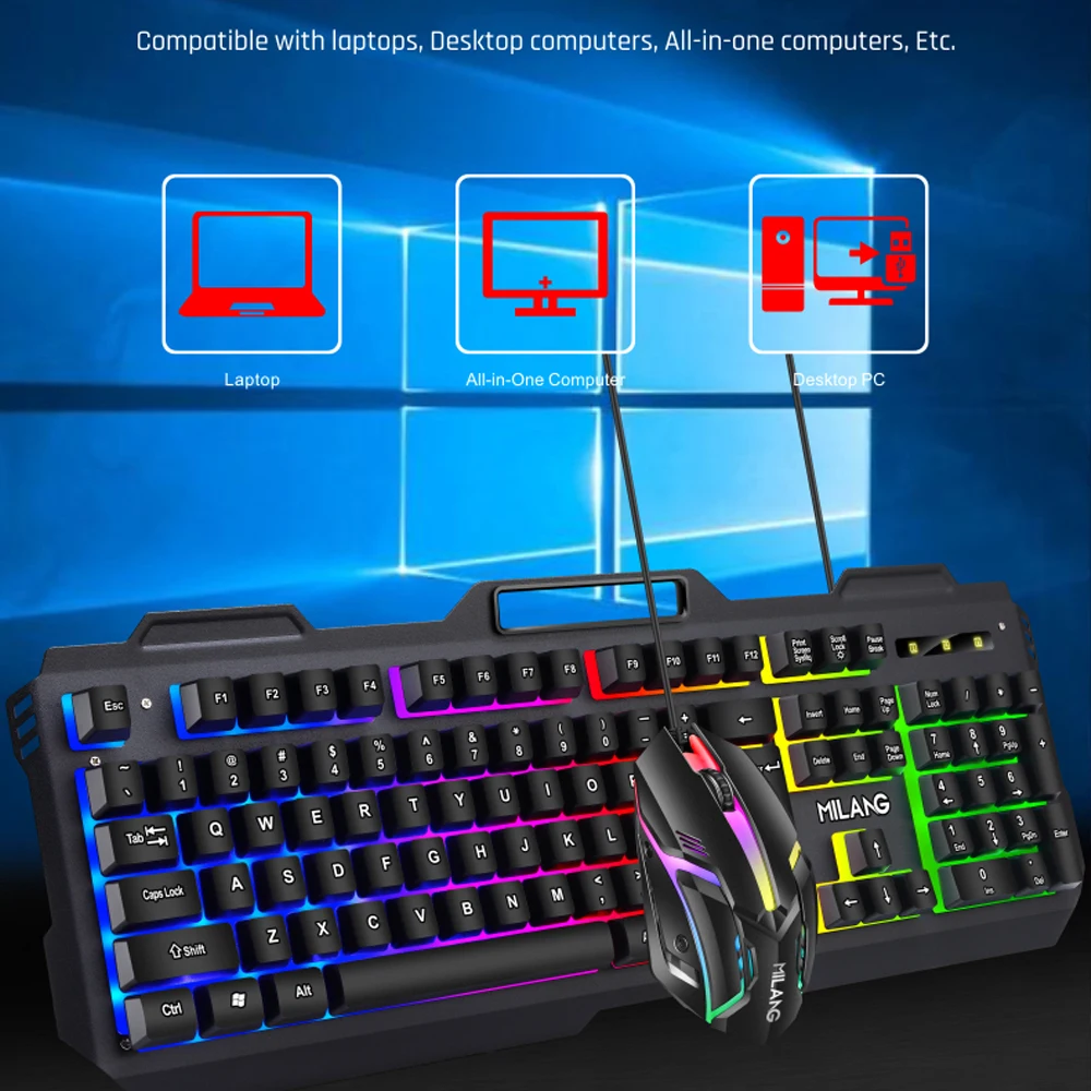 Проводная игровая клавиатура и мышь RGB с подсветкой резиновые клавиши для ПК -