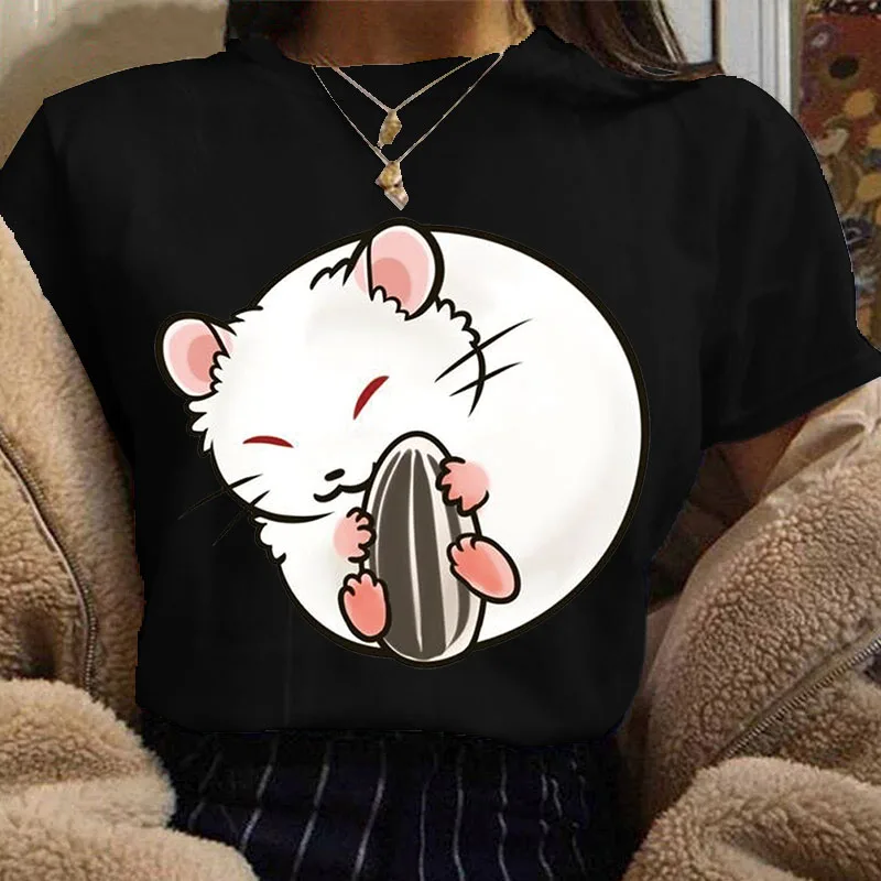 

Летние повседневные женские черные футболки Ulzzang kawaii в виде хомяка, футболка с мультяшным принтом, женские топы, футболка в Корейском стиле ...