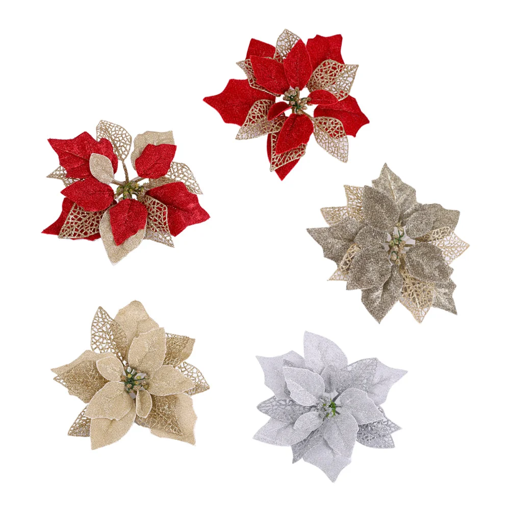 

5 Pcs Chirtmas Decor Xmas Tree Decorations Ornaments Hollow Out Poinsettia Flowers Artificial Holiday Tree Decorations Ornaments