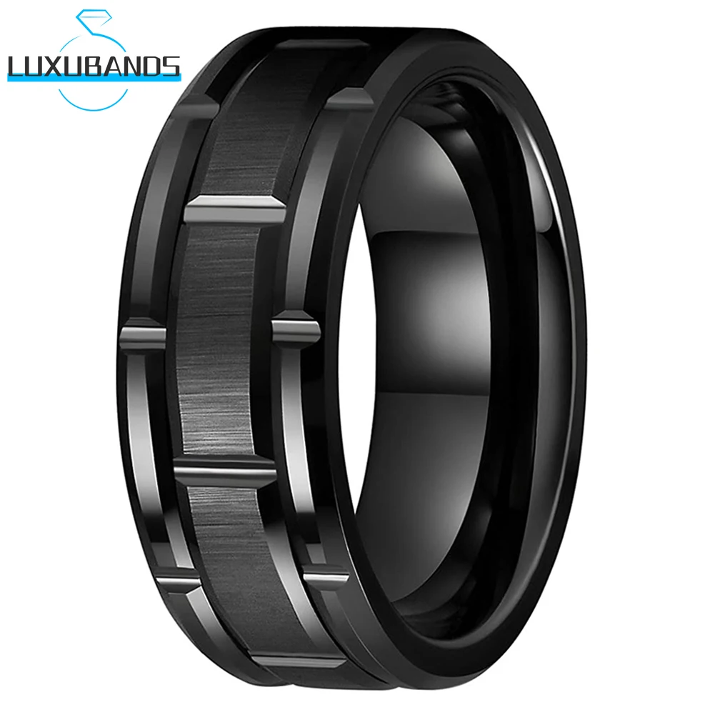 

Tungsten Carbide 8mm Ring For Women Men Black Gold Combined Beveled Edges Grooved Brushed Polished Finish In Stcok Comfort Fit