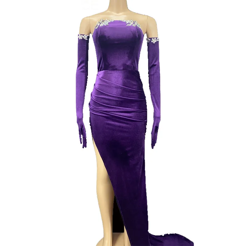 

Стразы сексуальное фиолетовое бархатное длинное платье со шлейфом женский вечерний наряд для выпускного вечера костюм для дня рождения св...