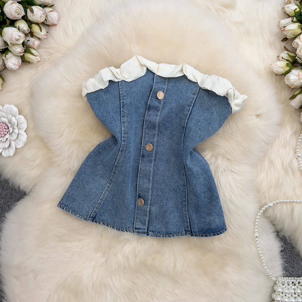 

Женский джинсовый жилет без бретелек, Летний Новый пикантный элегантный короткий однобортный Топ без рукавов с открытыми плечами и открыто...