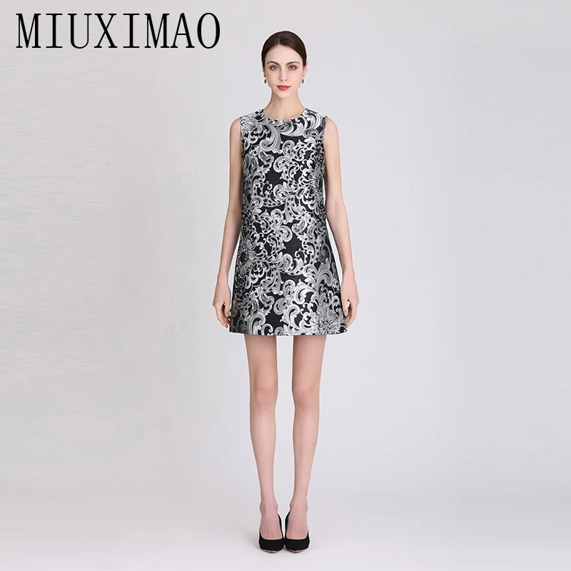 

MIUXIMAO 2023 High Quality Spring&Summer Elegant Dress Sleeveless Diamond Jacquard Geometric Fashion Mini Dress Women Vestide