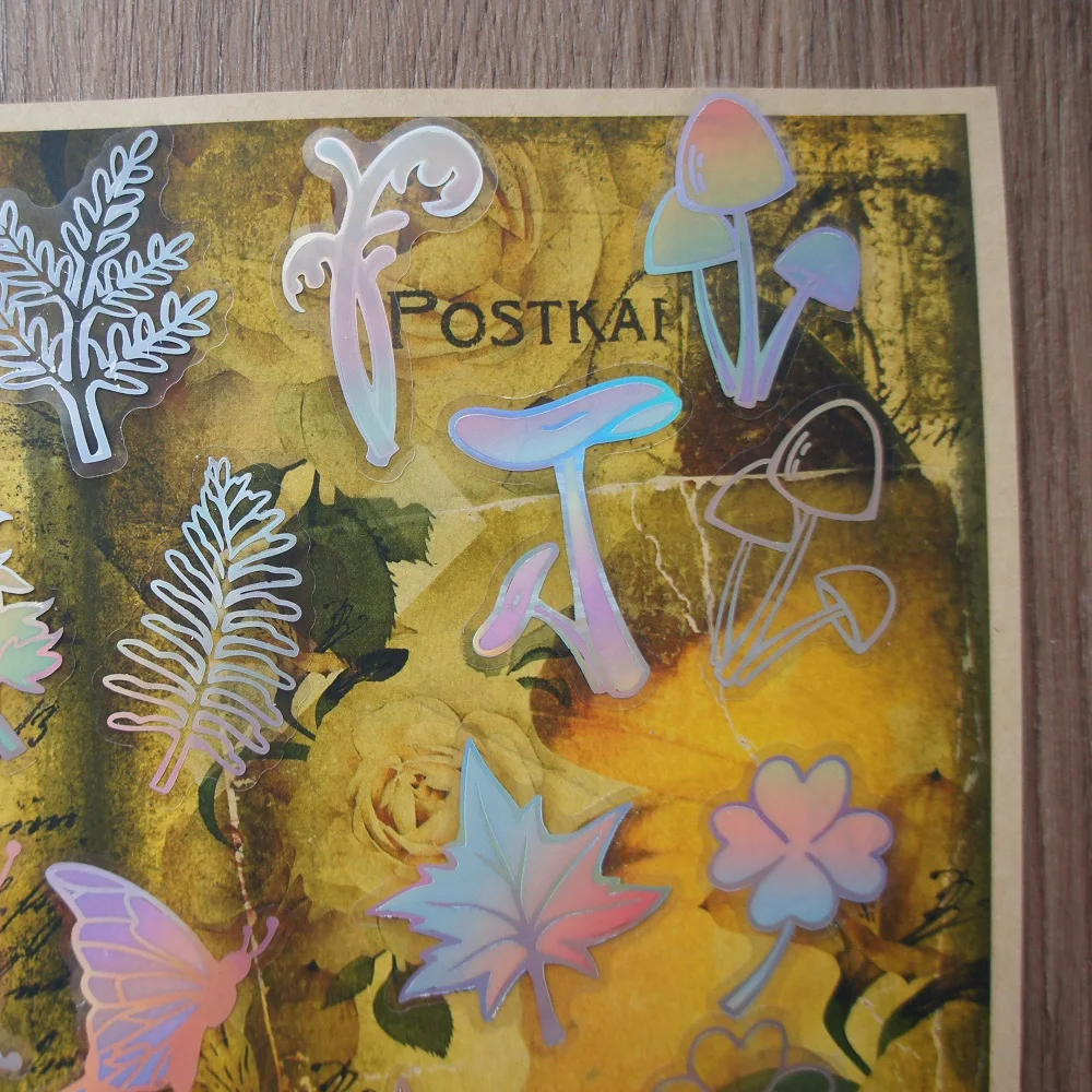 

28pcs Rainbow Silver Color Butterfly Mushroom Leave Style Laser PVC Sticker Scrapbooking DIY Gift Packing Decoration Tag