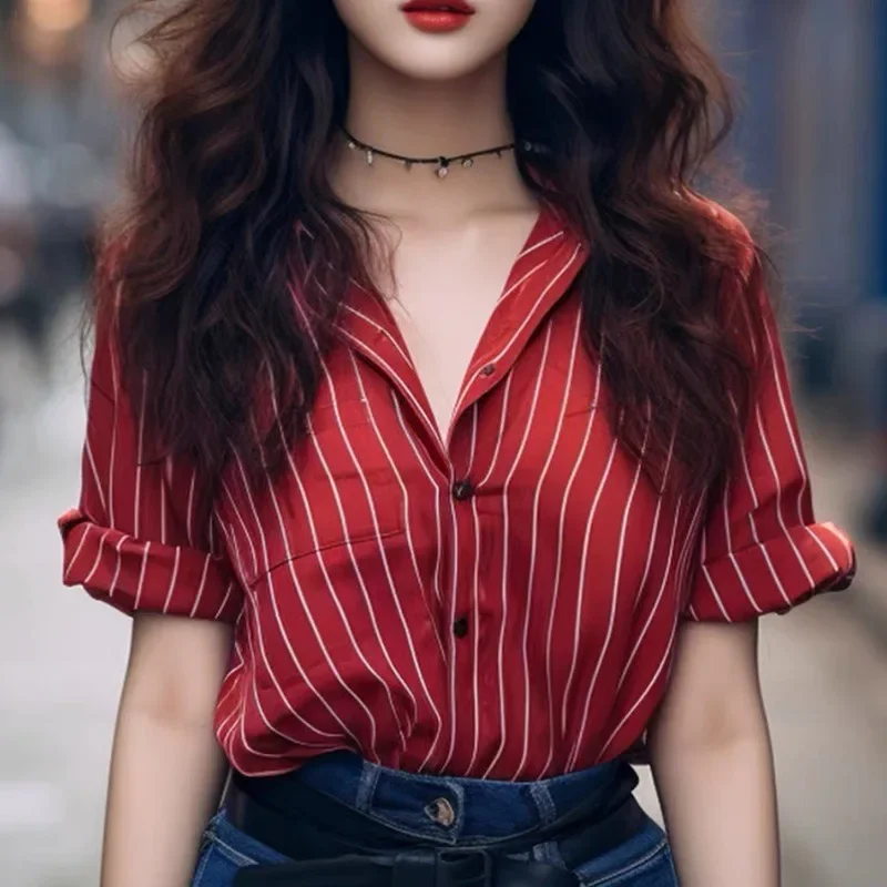 Шикарная красная полосатая рубашка с короткими рукавами для женщин новинка 2024