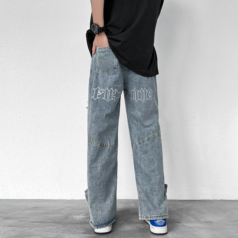 Men Jeans Retro Stitching Breasted Jeans Ripped Solid Color Straight Loose Jeans Korean Style Hip Hop Jeans Y2k Streetwear LOOSE