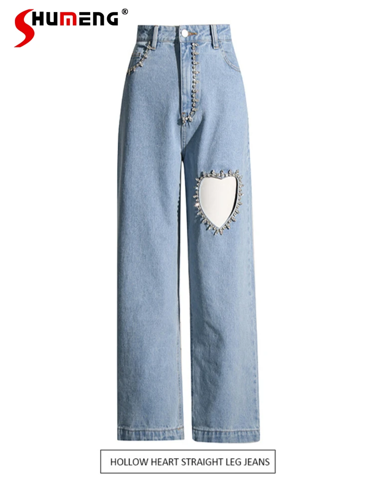 

Summer Washed Blue Rhinestone Hollow-out Love Straight Jeans 2023 New Streetwear Woman High Waist Slimming Denim Mopping Pants