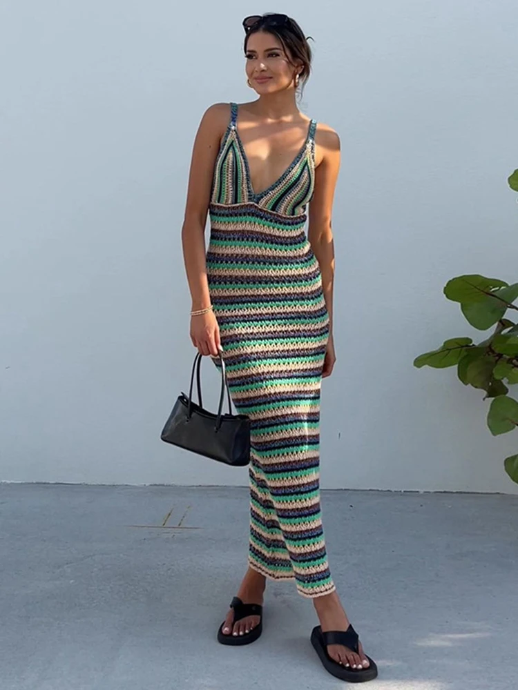 

Sexy V-Neck Striped Knitted Holiday Maxi Dress for Women 2022 Summer Elegant Casual Party Club Beach Dresses Ladies Vestidos