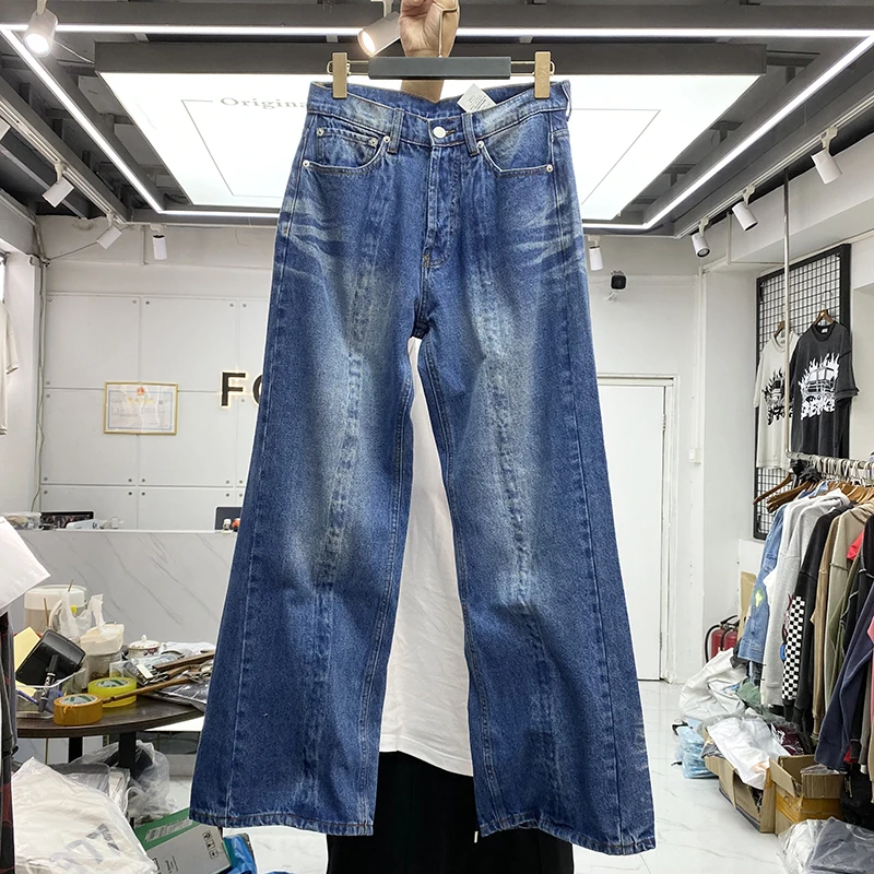 Embroidery Die Dye Blue Fold Graphic Washed Heavy Fabric Jeans Men Women High Quality Button Fly Trousers Jean Pants