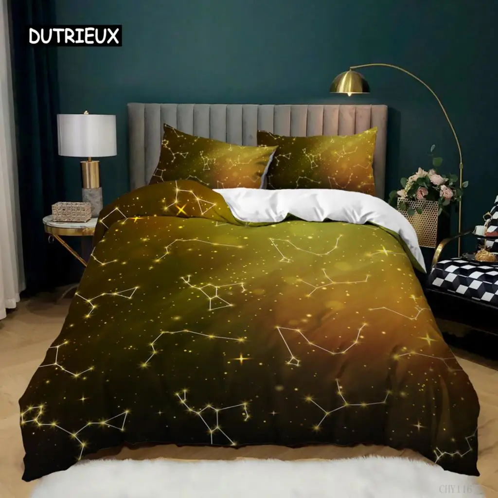 Constellation Duvet Cover Set King Size Golden Stars Printed On Gradient Sky Soft Microfiber Twin Bedding For Teens