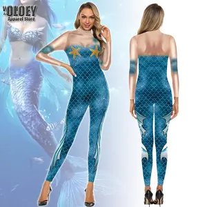 Women Animals Fish Scales Mermaid 3D Printing Jumpsuit Halloween Cosplay Costumes Party Role Playing Dress Up Bodysuit Outift