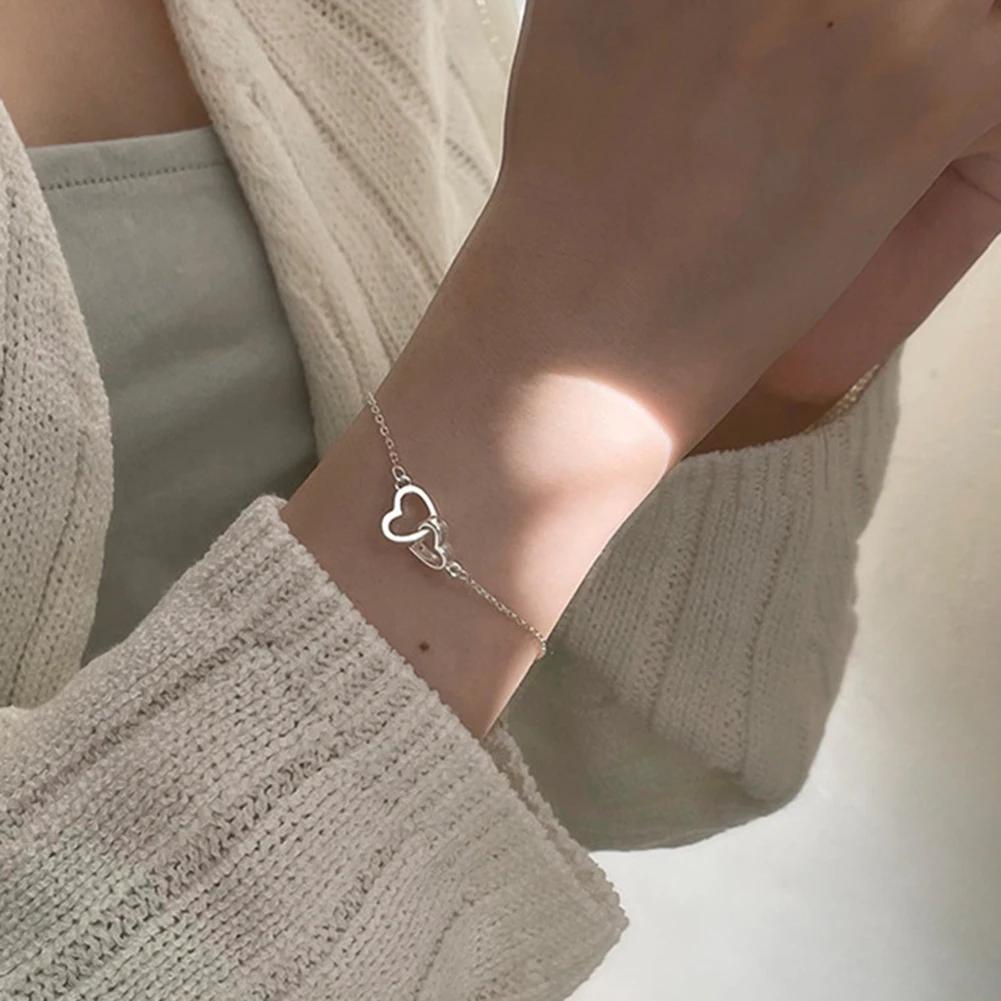 

New Silver Color Double Heart Bracelet & Bangle For Women Fine Fashion Jewelry Wedding Party Gift 2022 Trend