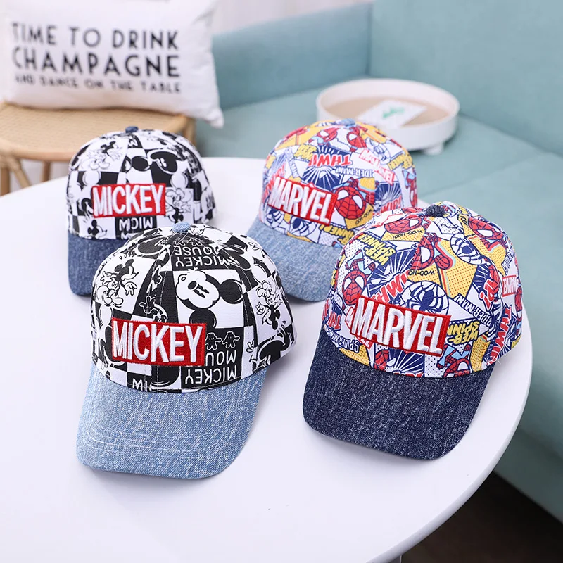

Disney Boys And Girls 4-8 Years Old Sunshade Hat Spring And Autumn Cartoon Duck Tongue Denim Printed Cloth Spider Baseball Cap