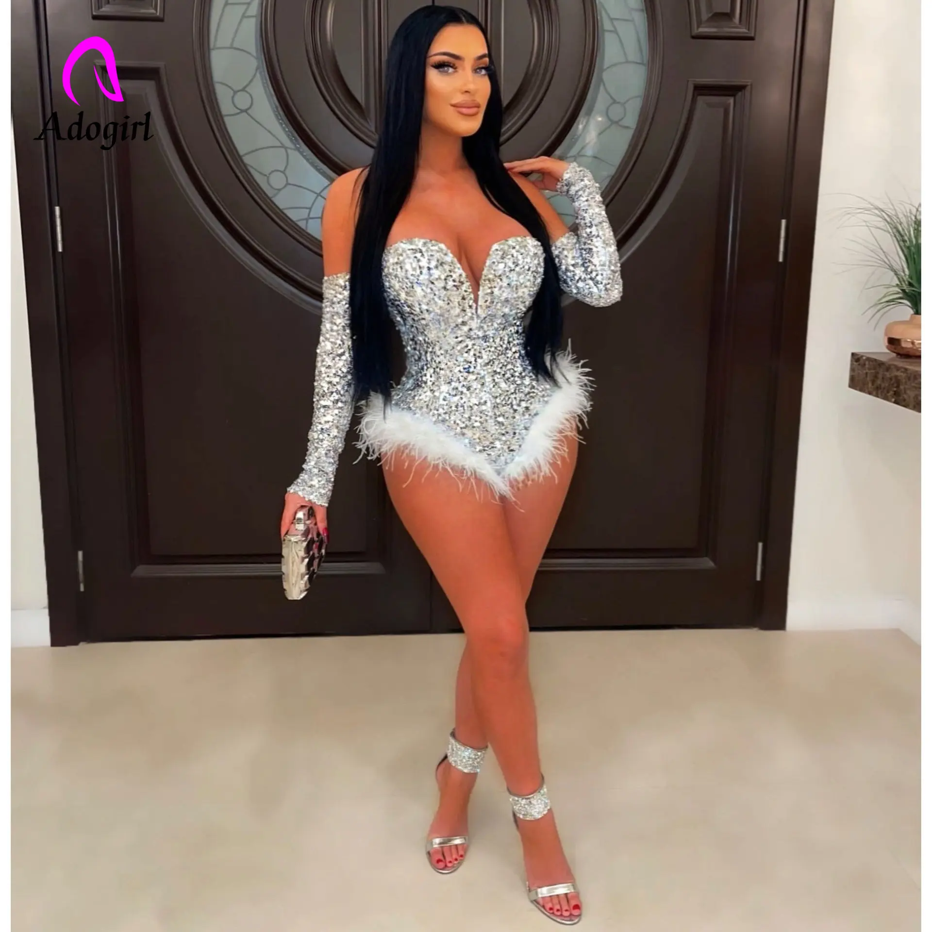 

Fur Stitching Women Bodysuits Sequined Sparkling Sexy Deep V Neck Rompers 2022 Autumn Winter Night Club Party Skinny One Pieces